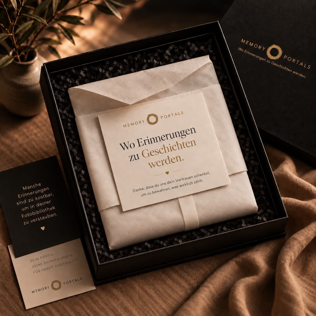 Geöffnete Geschenkbox mit eingeschlagenem Memory Portal, Grusskarte und Begleitkarten