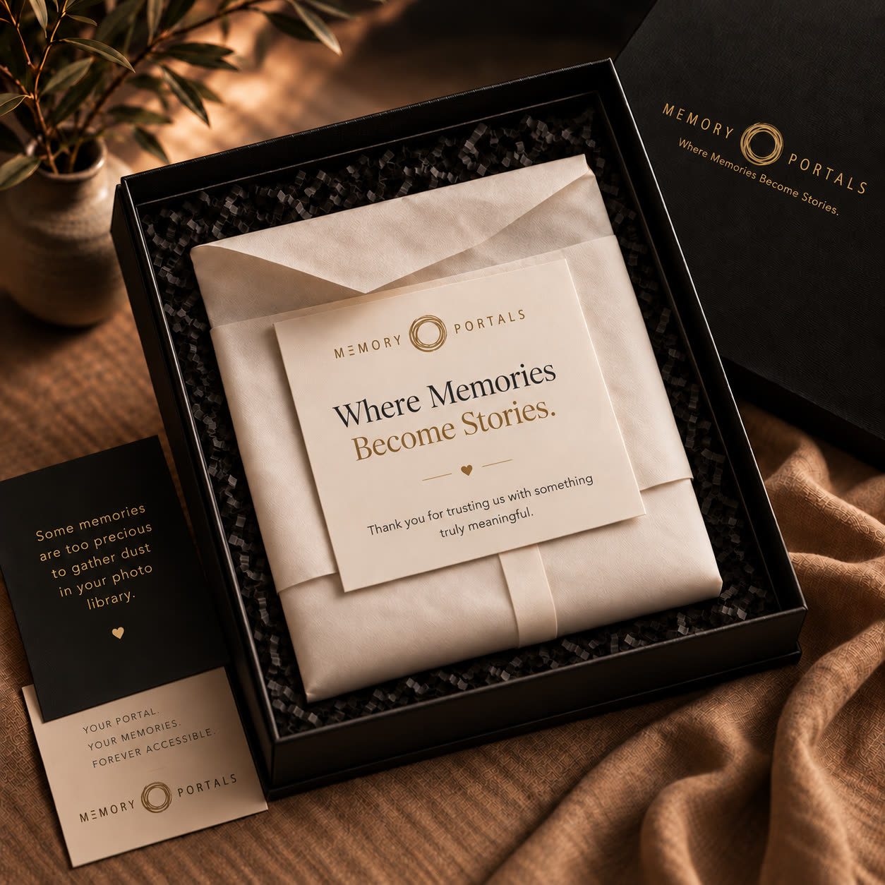 An opened gift box holding the wrapped Memory Portal, a greeting card and accompanying cards