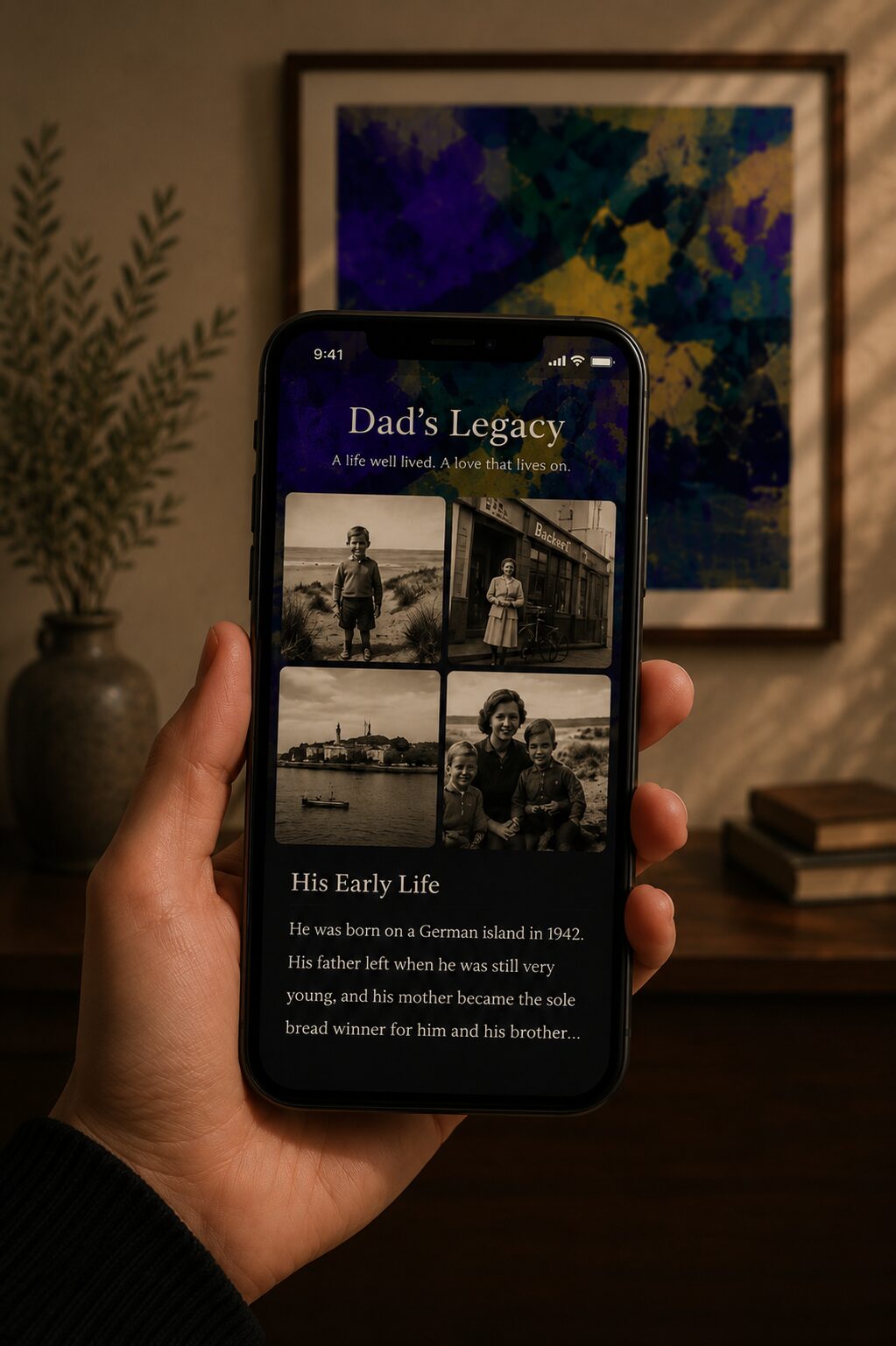 Eine Hand hält ein Handy, das eine Memory Portal Galerie zeigt