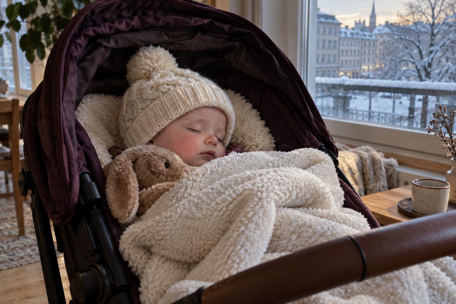 Mia asleep wrapped up warmly in the pram, the snowy window behind her