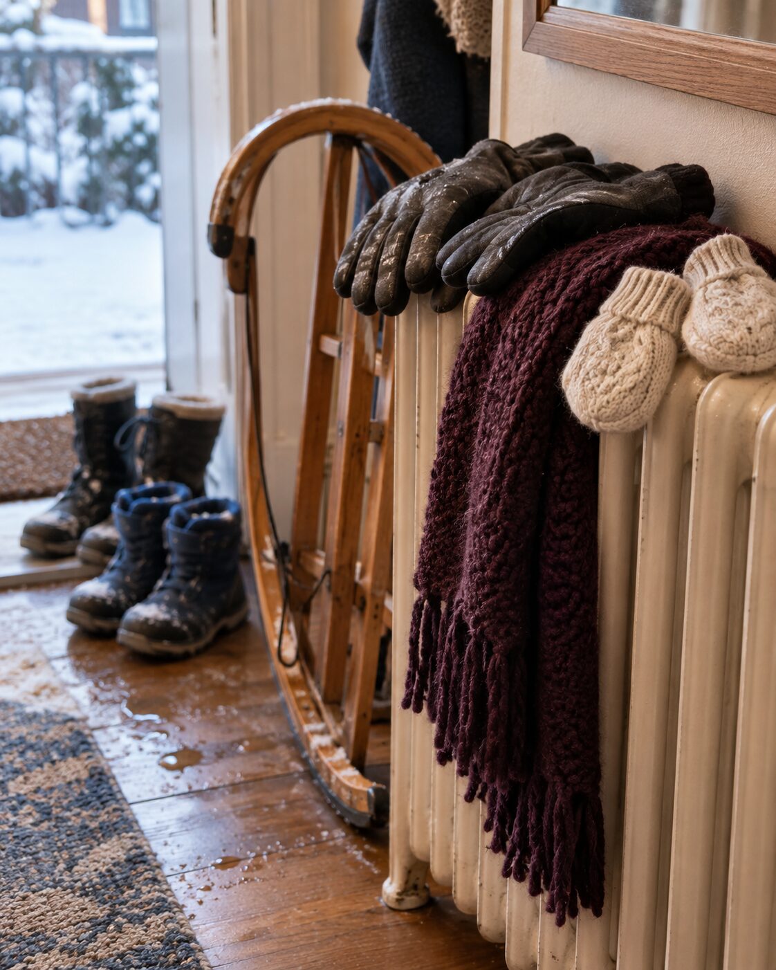 Wet gloves, Mia's mittens and the sledge drying by the radiator after the outing