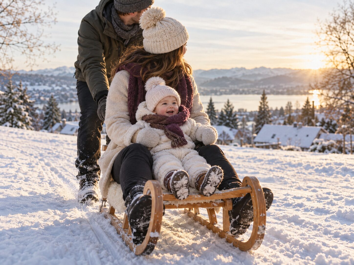 Mama and Mia together on the sledge in the snow, Papa pushing at sunset