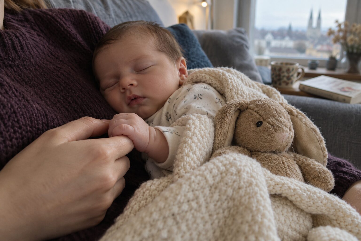 Mia asleep with Nino the rabbit in her arm, a hand holding her small hand