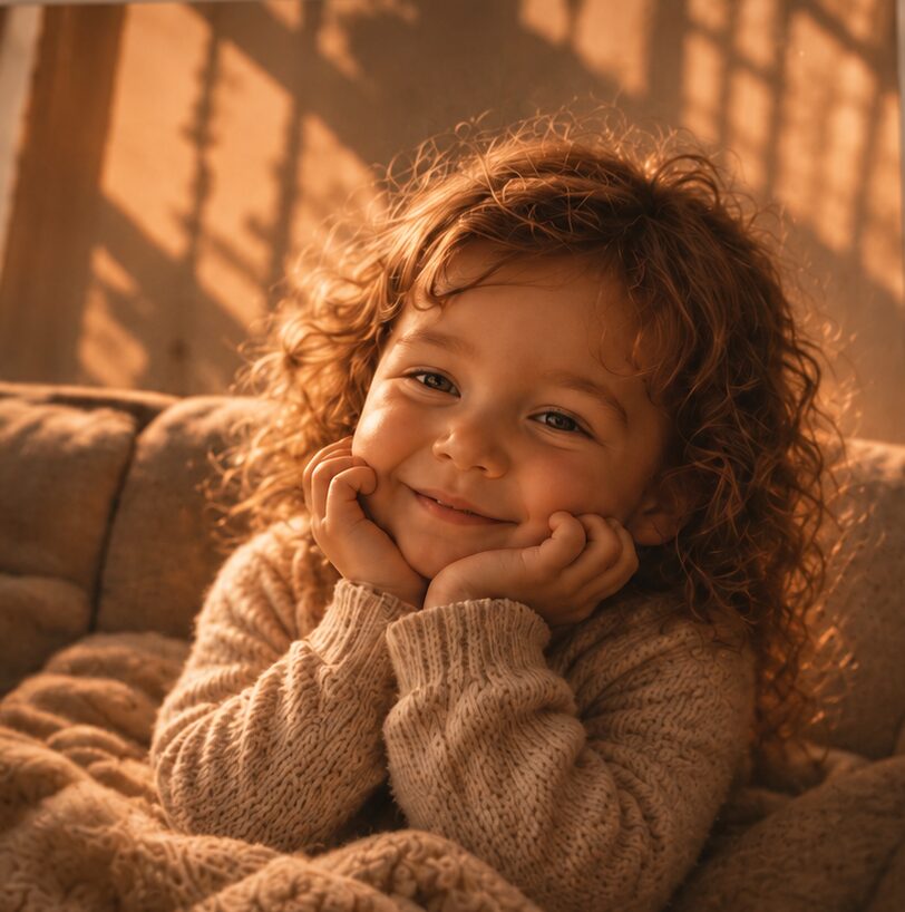 Mia leaning on her hands and smiling, warm afternoon light falling through the window