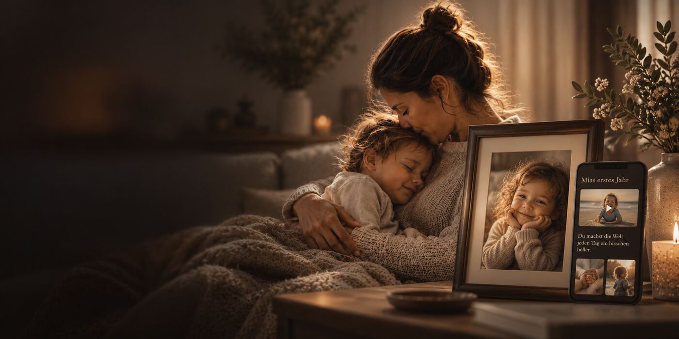 A mother holding her sleeping child, beside them a framed family photograph and a smartphone with the memory gallery open