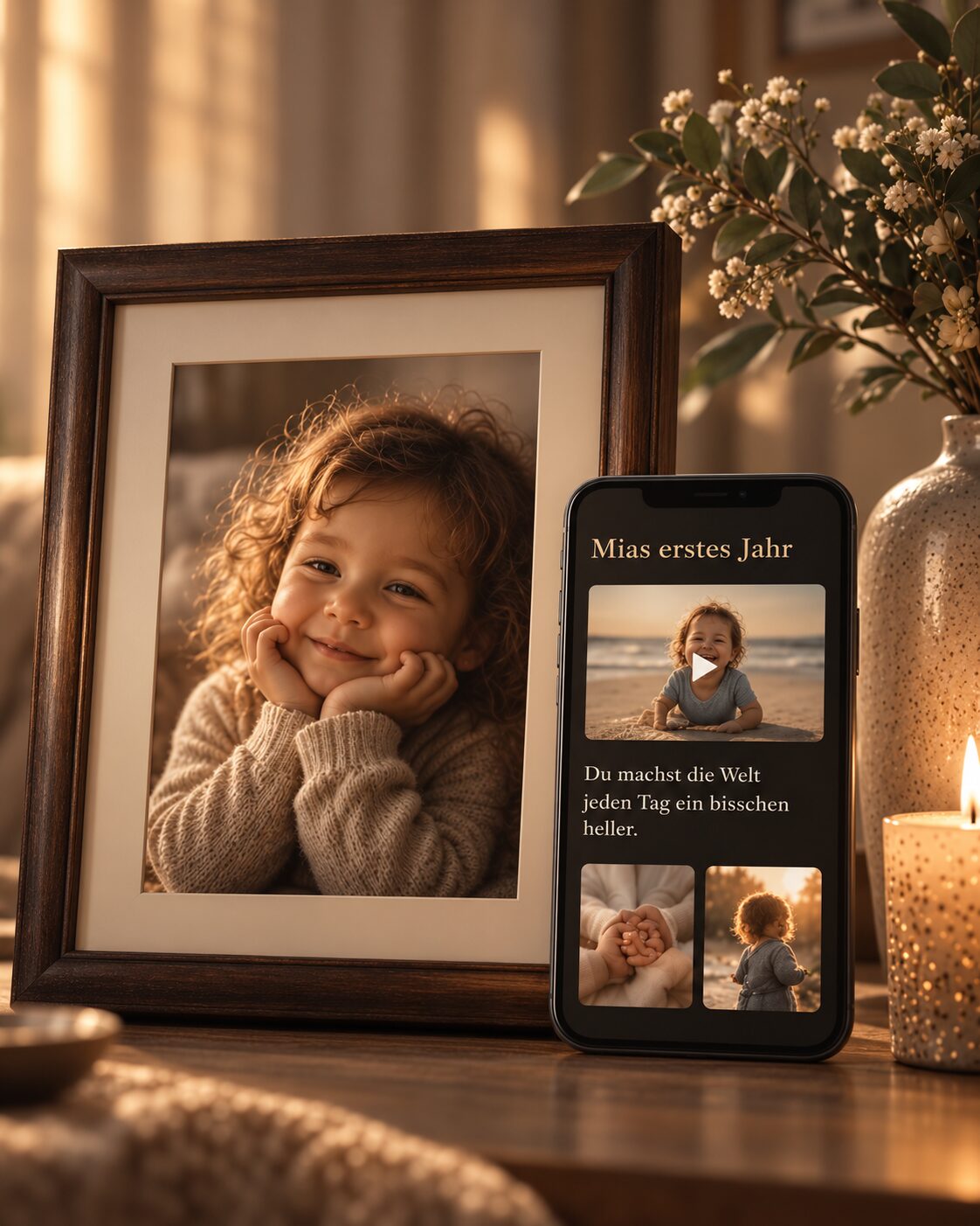 A framed family photograph beside a smartphone showing the open Memory Portal “Mia's first year”