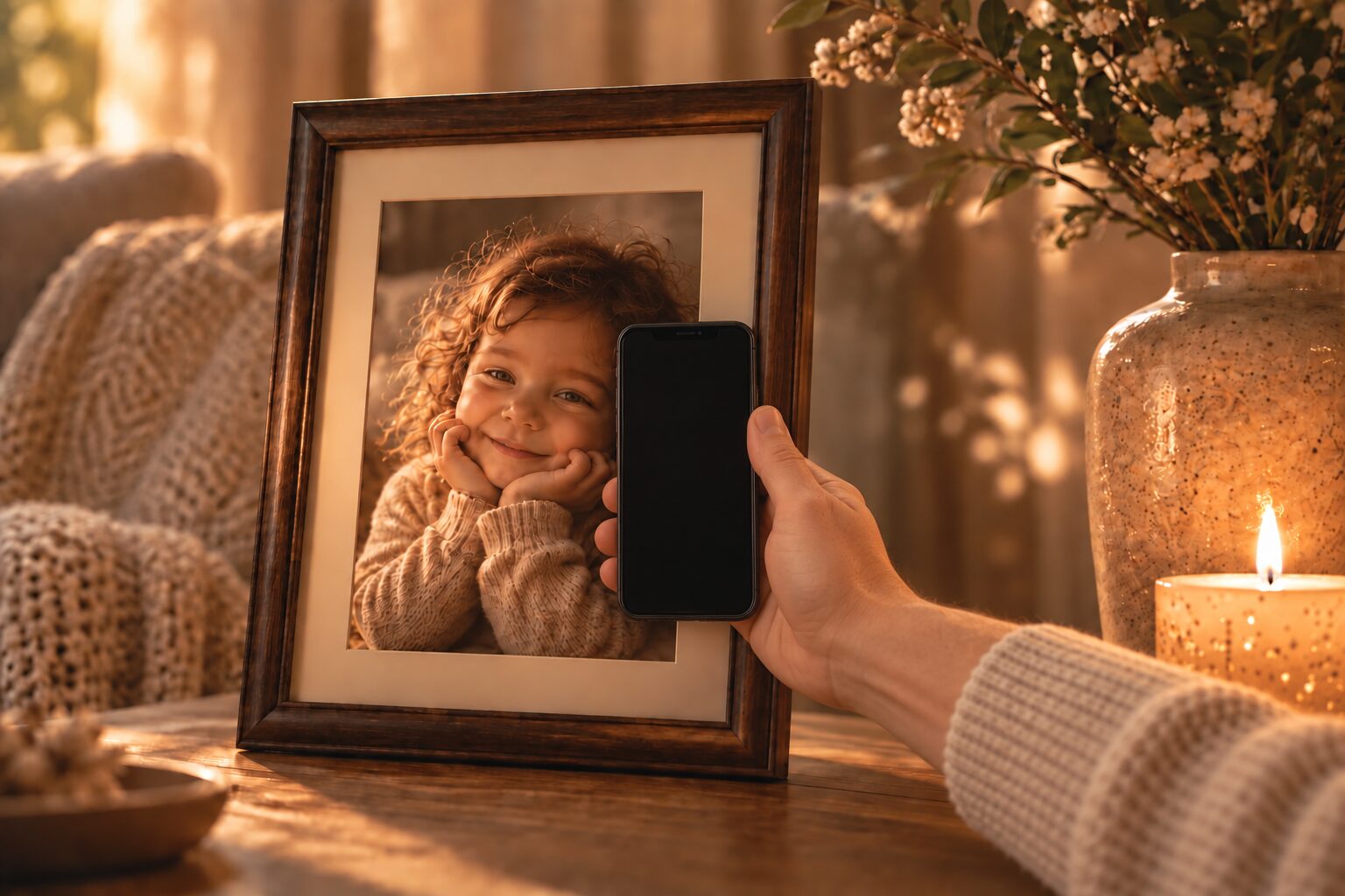 A black smartphone held directly against Mia's framed photograph